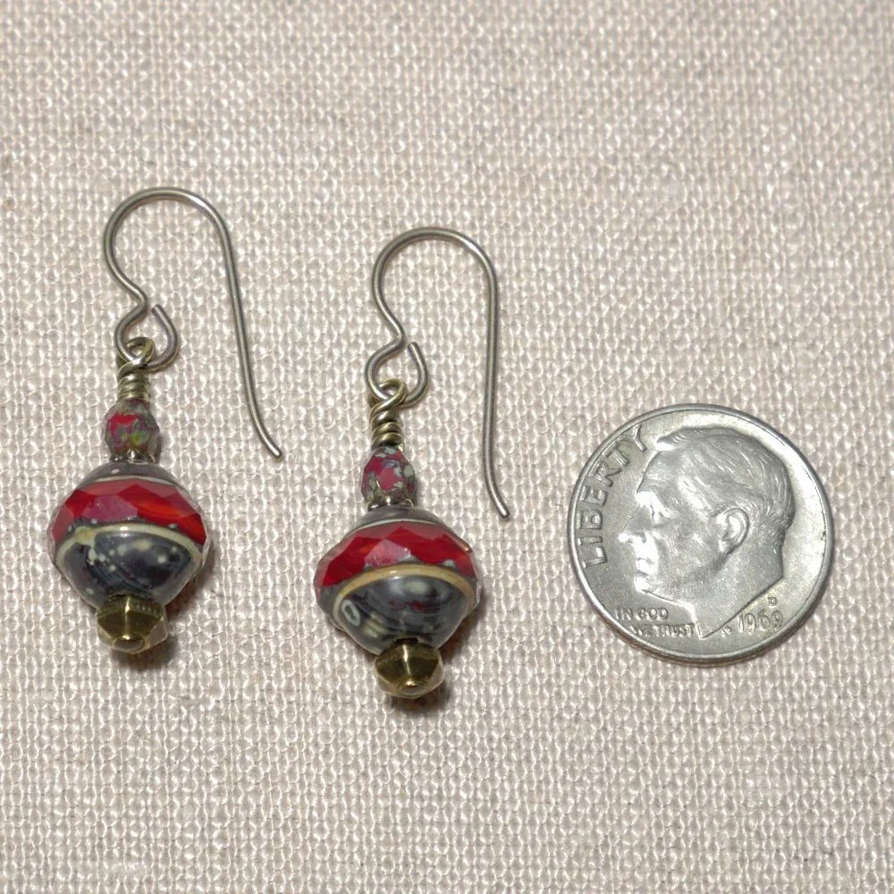 Hand Crafted Handmade Earrings Dark Red Czech Glass Saturn Bead Earrings - Picture 3 of 4
